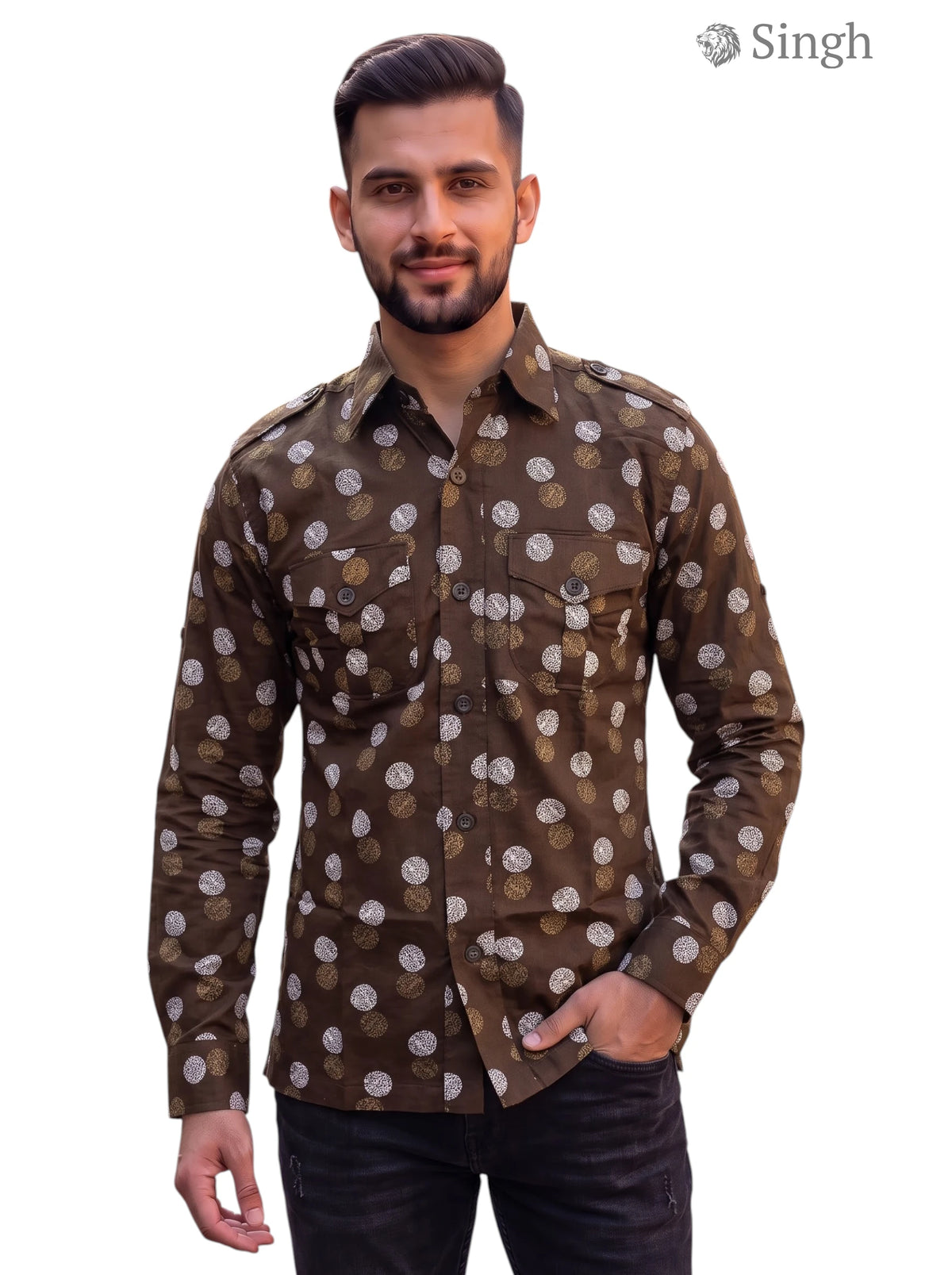 M Brown Cotton Hunting Shirt with Polka Dots, Front View - HUNTING SHIRTS-1308-267