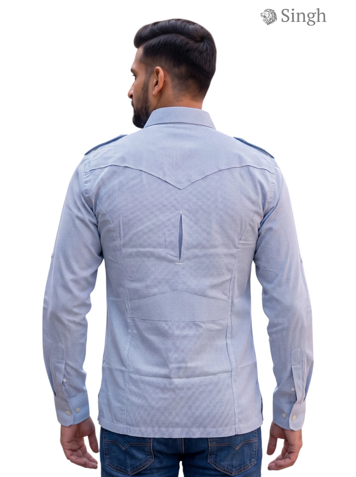 M Hunting Shirt in Light Blue Fabric from Singh, Back View with Tailored Fit - HUNTING SHIRTS-1308-269