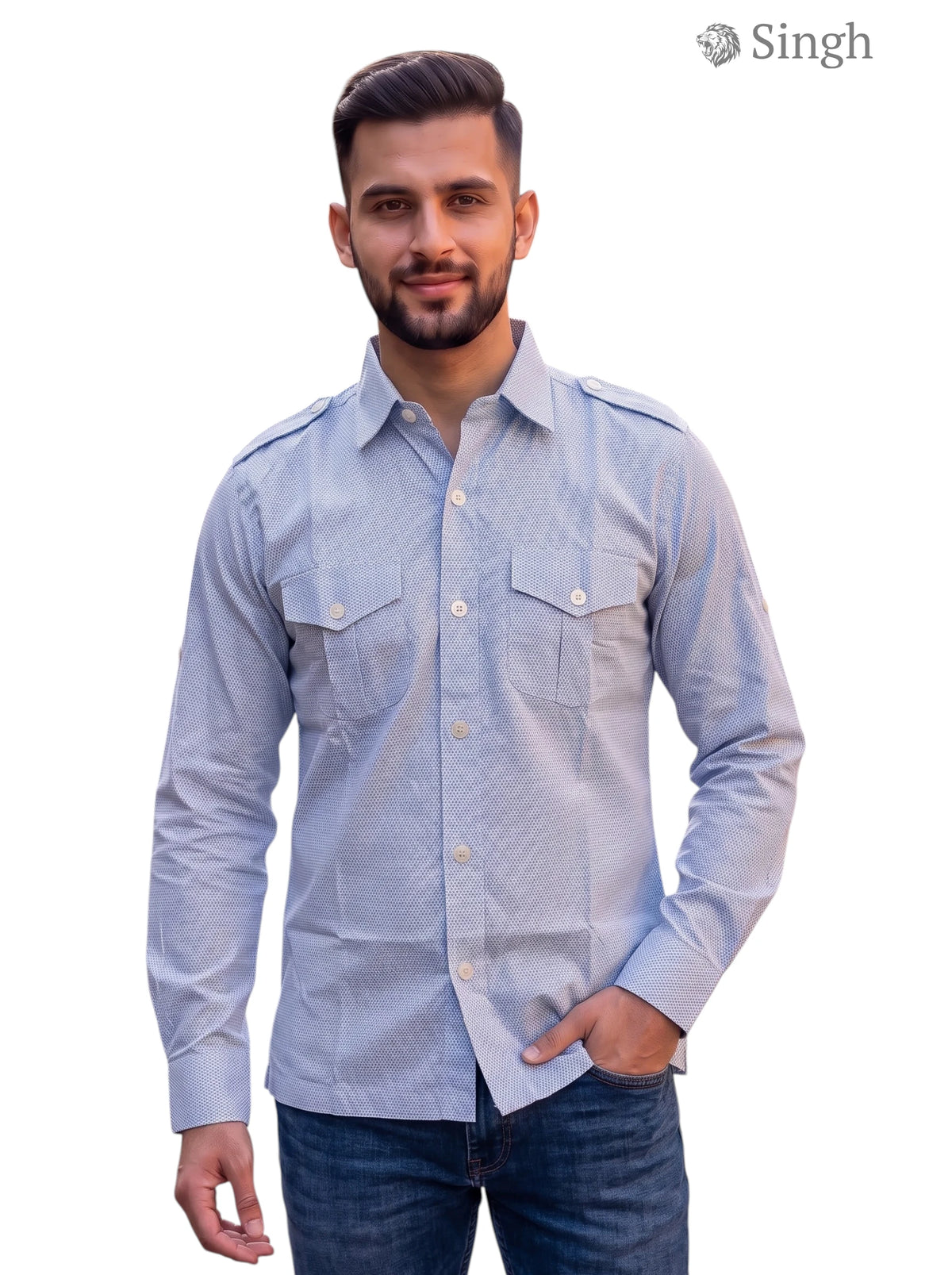 M Hunting Shirts in light blue cotton, front view with button pockets, HUNTING SHIRTS-1308-269