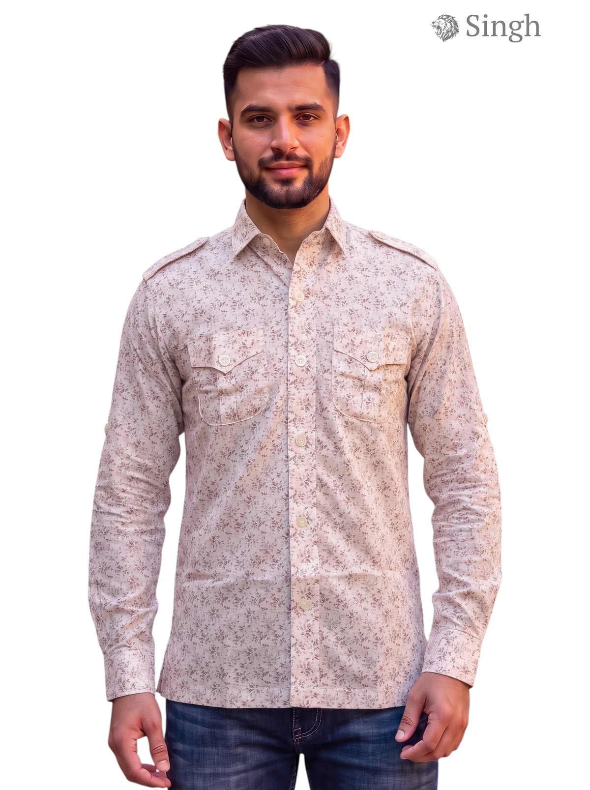 M Hunting Shirts in beige floral cotton front view, featuring a stylish design and durability, HUNTING SHIRTS-1308-270