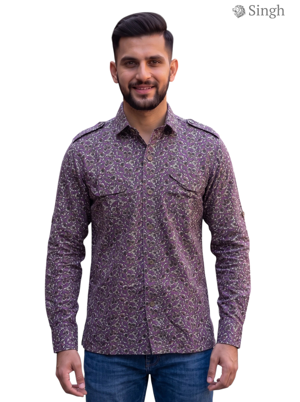 M Purple Cotton Hunting Shirt-1308-271 with Button Pockets and Shoulder Straps