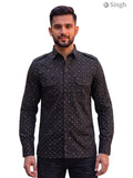 M Hunting Shirts in Black Cotton from Singh featuring a stylish print and button-down design