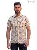 M Hunting Shirts in beige cotton fabric, front view featuring stylish bird print, HUNTING SHIRTS-1308-274