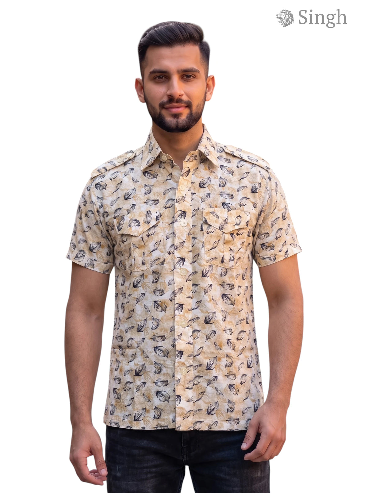 M Hunting Shirts in beige cotton fabric, front view featuring stylish bird print, HUNTING SHIRTS-1308-274