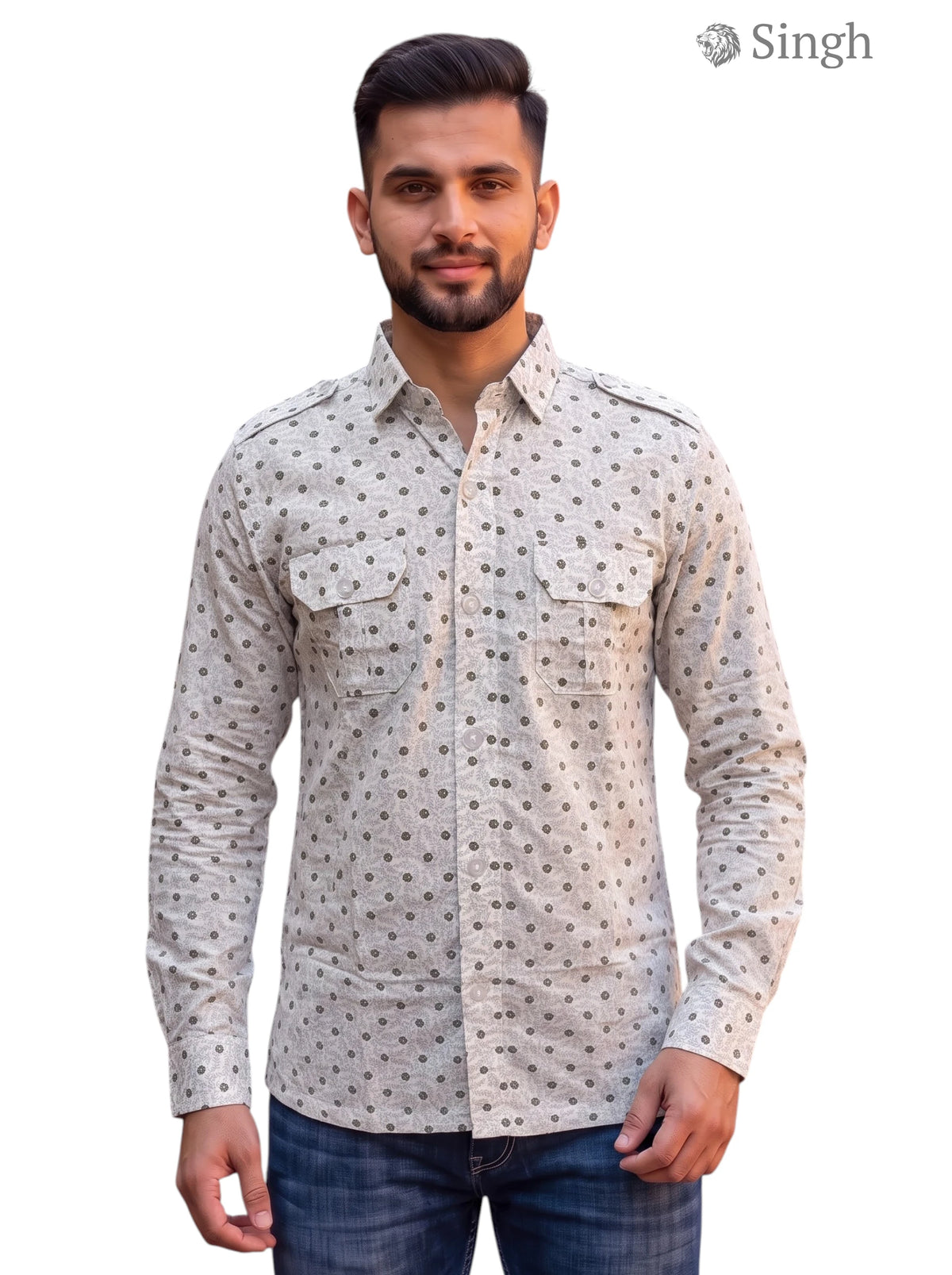 M Hunting Shirts in light gray cotton with button-down collar, featuring two front pockets