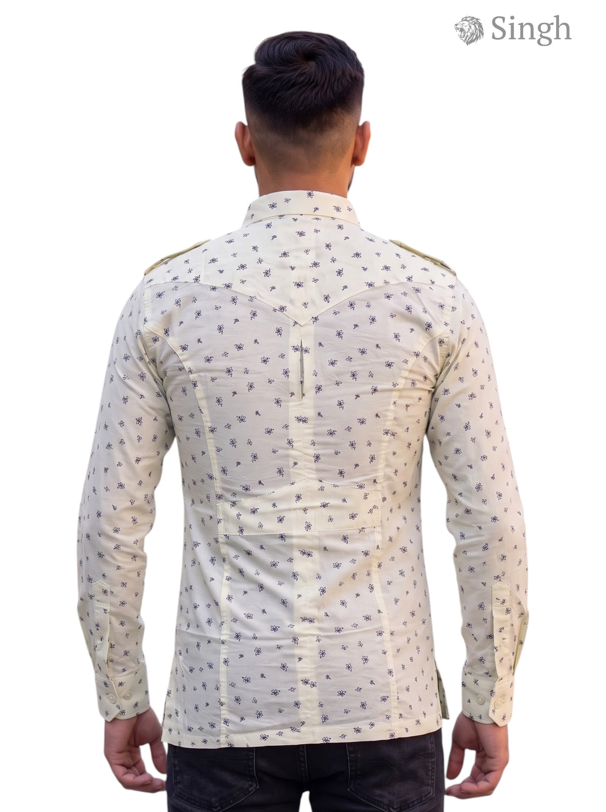 M Hunting Shirt in cream with patterned fabric, back view showcasing design details and HUNTING SHIRTS-1308-276