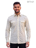 M Hunting Shirts in beige cotton with a stylish print, featuring two chest pockets, front view