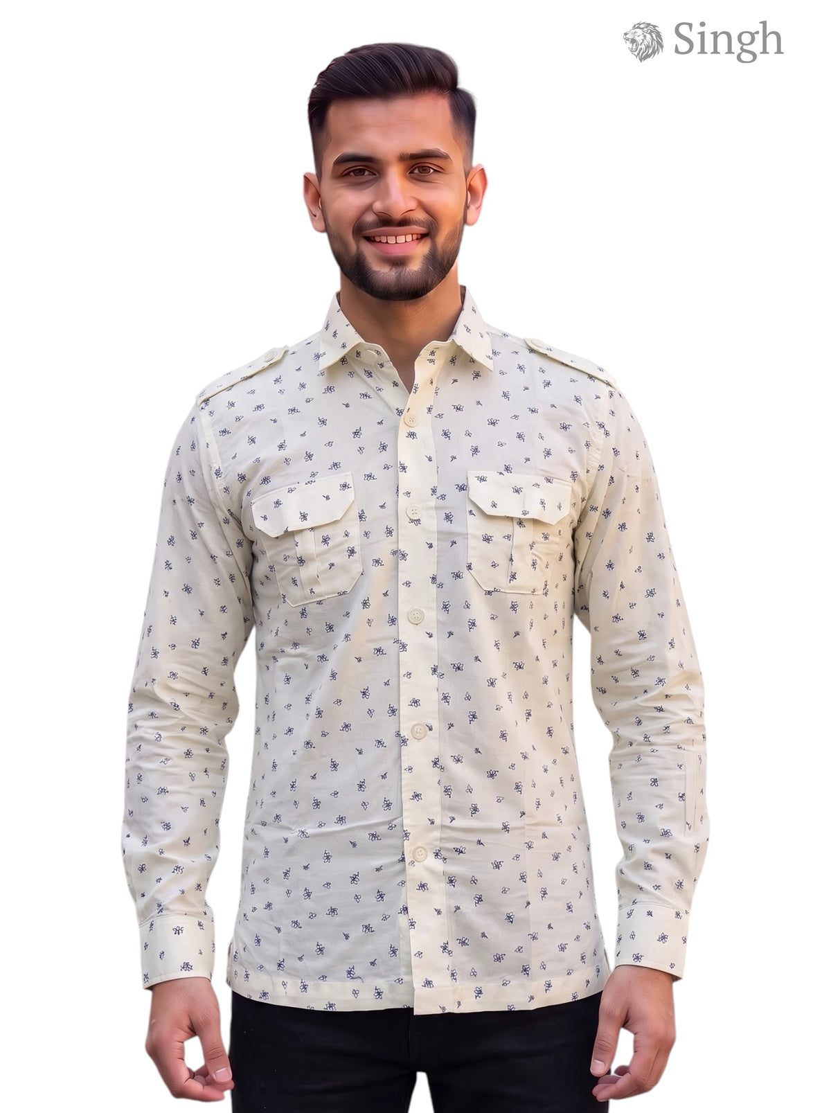 M Hunting Shirts in beige cotton with a stylish print, featuring two chest pockets, front view