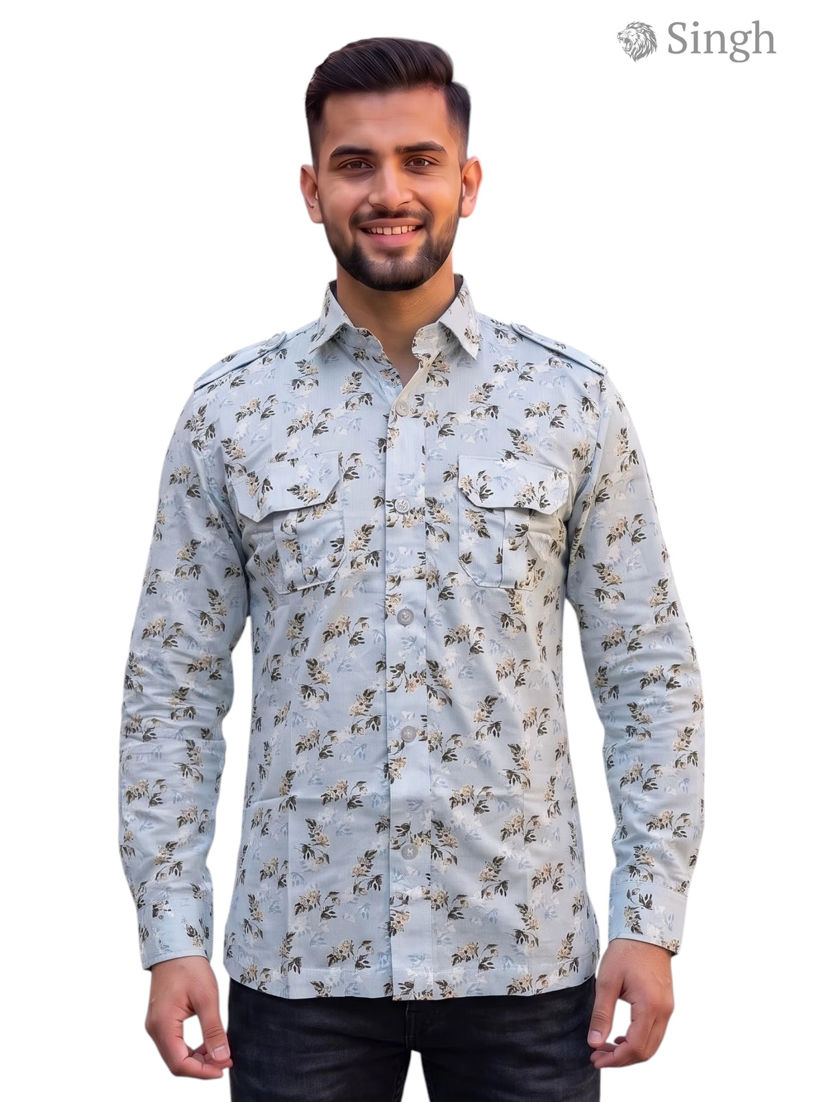 Men's light blue cotton hunting shirt with floral print from SINGH, featuring dual chest pockets, HUNTING SHIRTS-1308-277