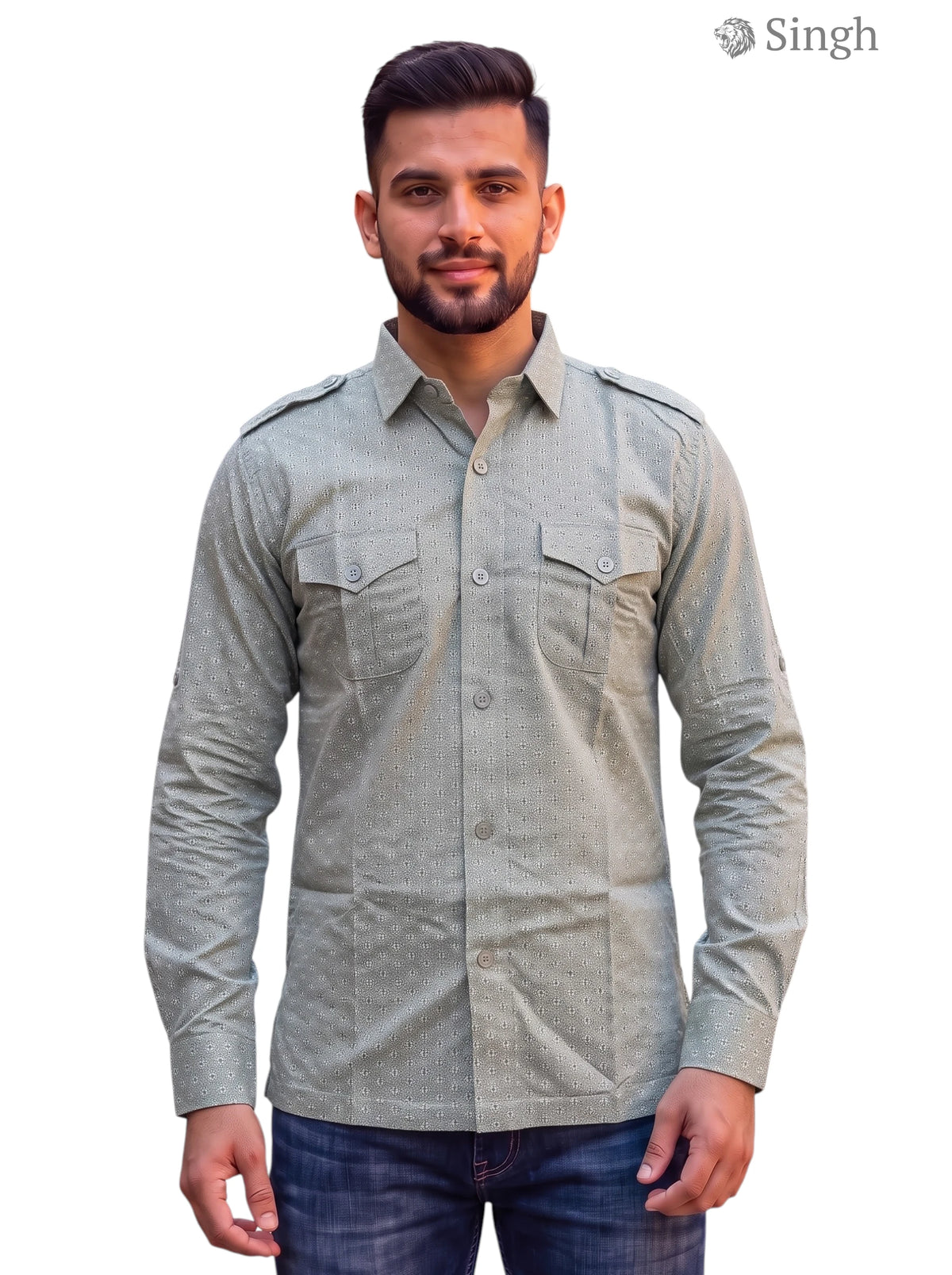 M Hunting Shirts in green cotton, front view featuring dual chest pockets, style HUNTING SHIRTS-1308-279