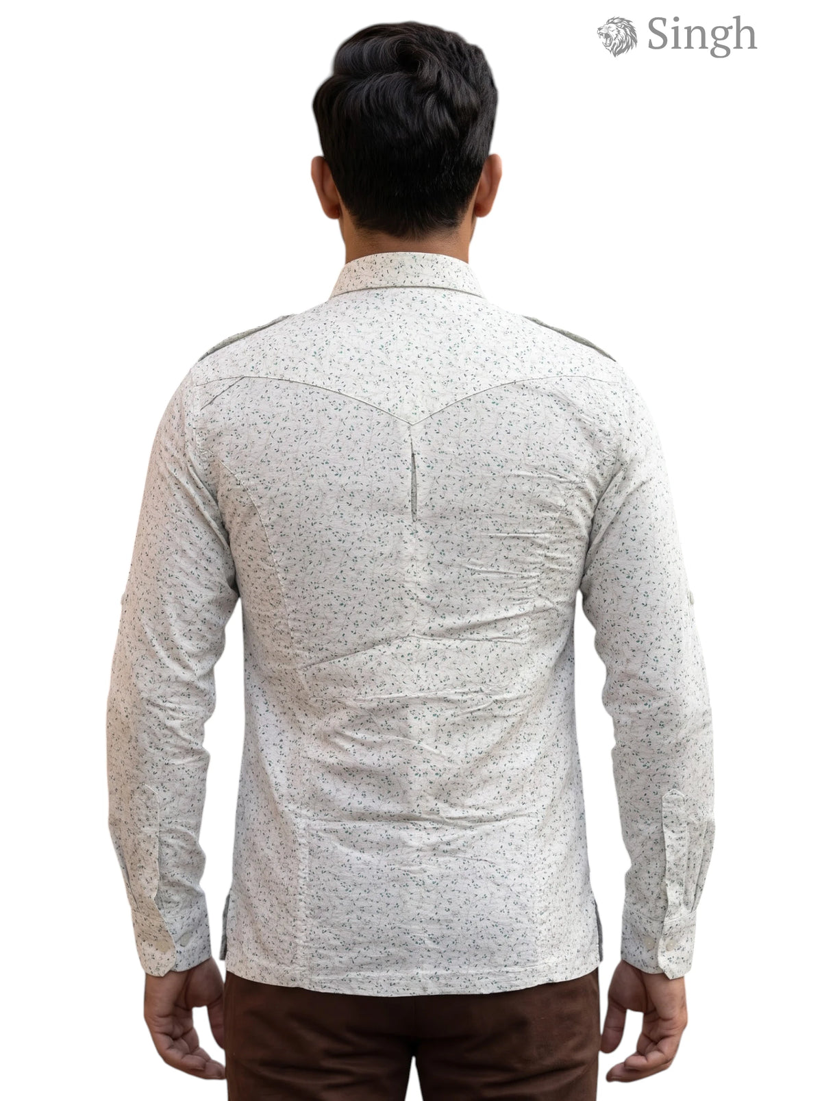 M Hunting Shirts in cream floral fabric viewed from the back, featuring model wearing HUNTING SHIRTS-1308-282