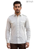 M Hunting Shirt in light gray cotton with floral pattern and double chest pockets, front view HUNTING SHIRTS-1308-282