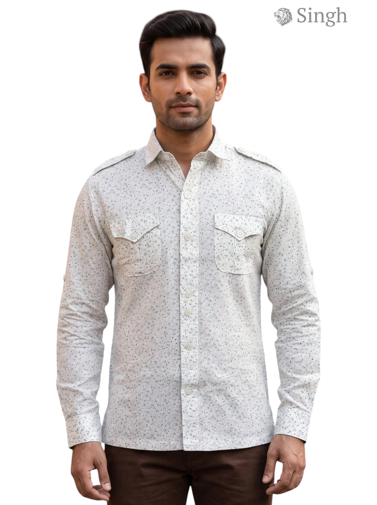 M Hunting Shirt in light gray cotton with floral pattern and double chest pockets, front view HUNTING SHIRTS-1308-282