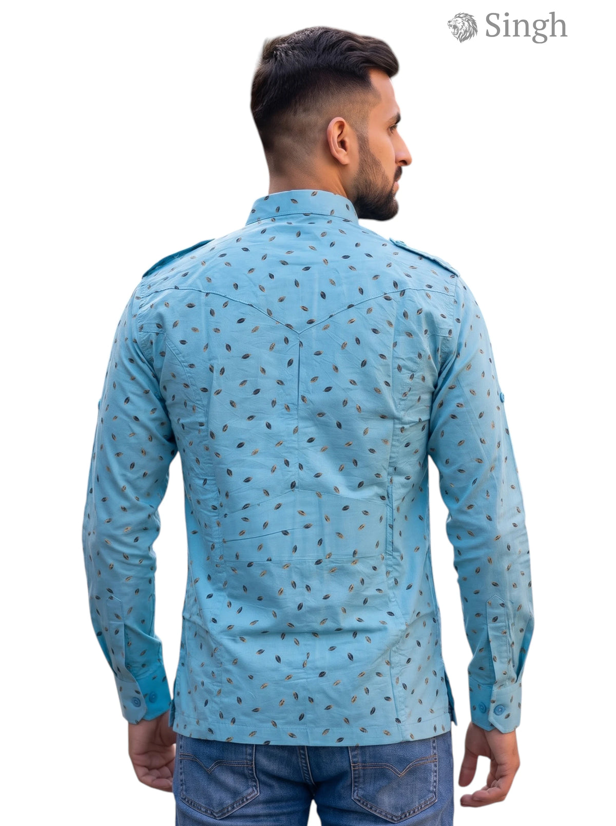 M Hunting Shirts in Blue Cotton Fabric with Stylish Print from the Back View, HUNTING SHIRTS-1308-283