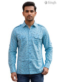 M Hunting Shirts in light blue cotton fabric, front view featuring stylish prints, HUNTING SHIRTS-1308-283