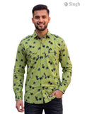 M Hunting Shirt in green floral cotton design, front view featuring button pockets - HUNTING SHIRTS-1308-285
