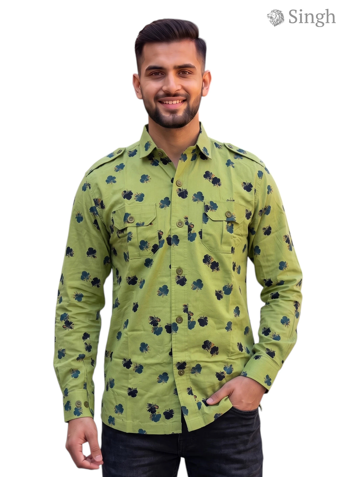 M Hunting Shirt in green floral cotton design, front view featuring button pockets - HUNTING SHIRTS-1308-285
