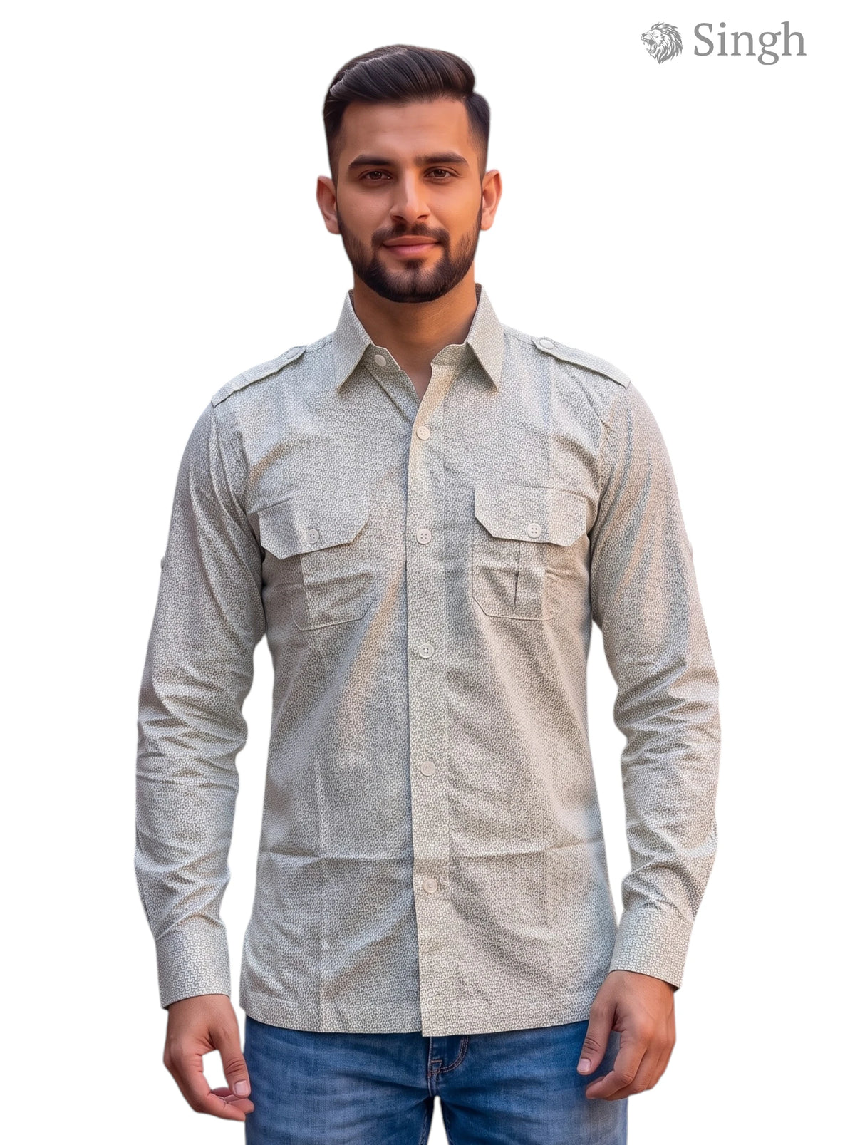 M Hunting Shirt in light gray fabric with a front view showcasing two chest pockets - HUNTING SHIRTS-1308-288