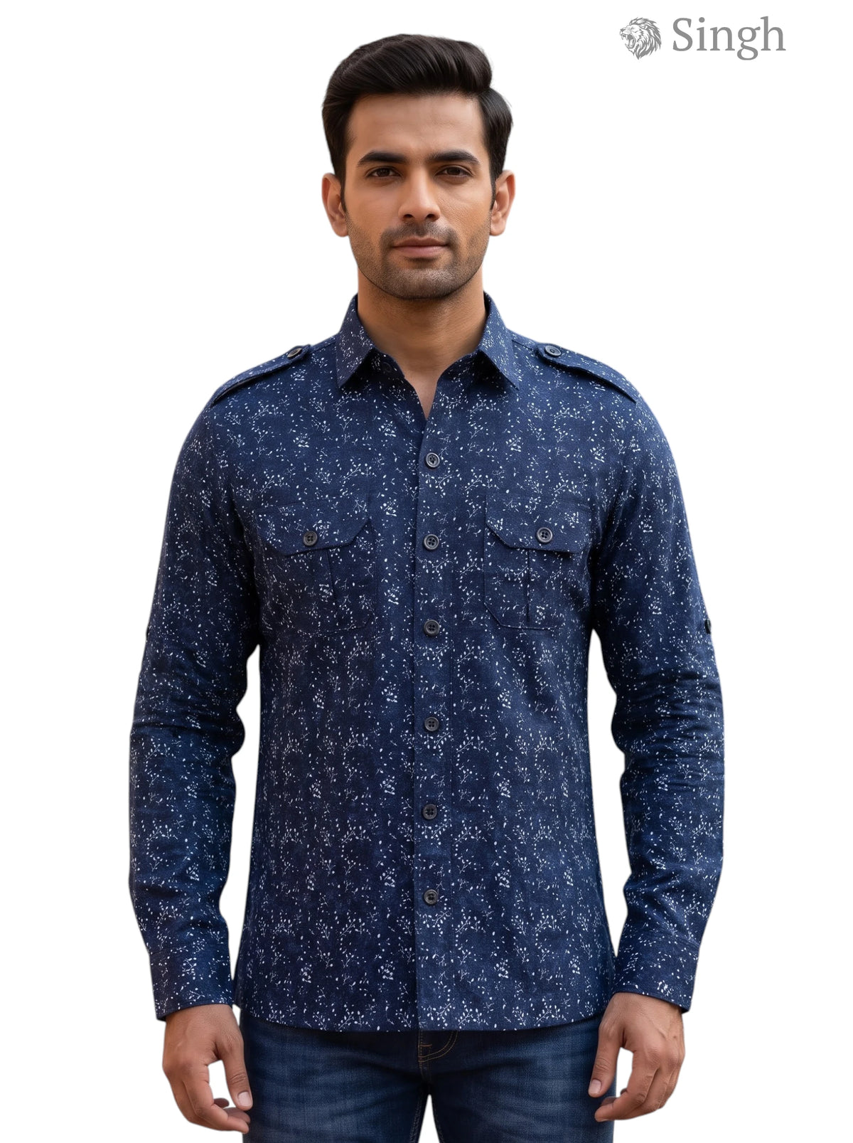 M Hunting Shirts in navy blue fabric, front view featuring button-up design and chest pockets, HUNTING SHIRTS-1308-289