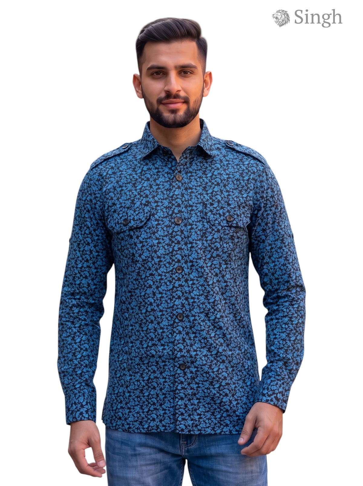 Men's blue floral patterned hunting shirts-1308-290 made of lightweight fabric, displayed from the front