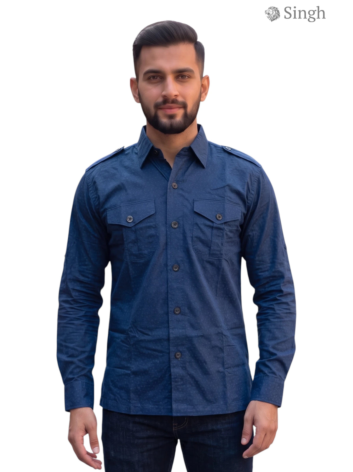 M Hunting Shirts in navy blue fabric, front view, featuring dual chest pockets, HUNTING SHIRTS-1308-291