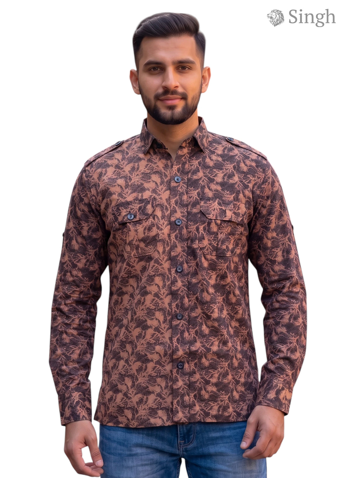 M Brown Floral Fabric Hunting Shirt-1308-292 Front View by SINGH