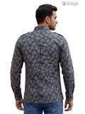 M Hunting Shirts-1308-293 in black floral print fabric shown from the back angle