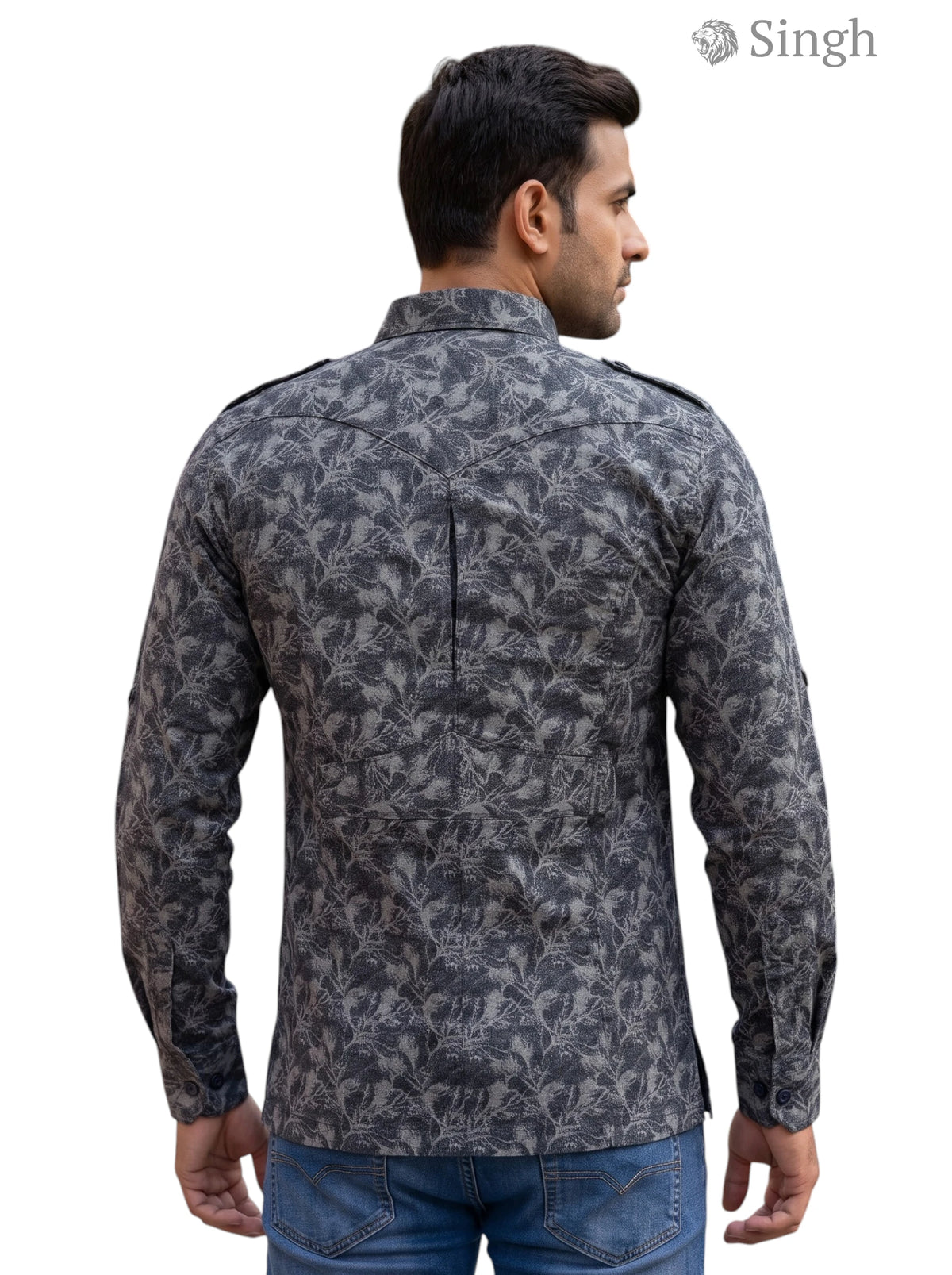 M Hunting Shirts-1308-293 in black floral print fabric shown from the back angle
