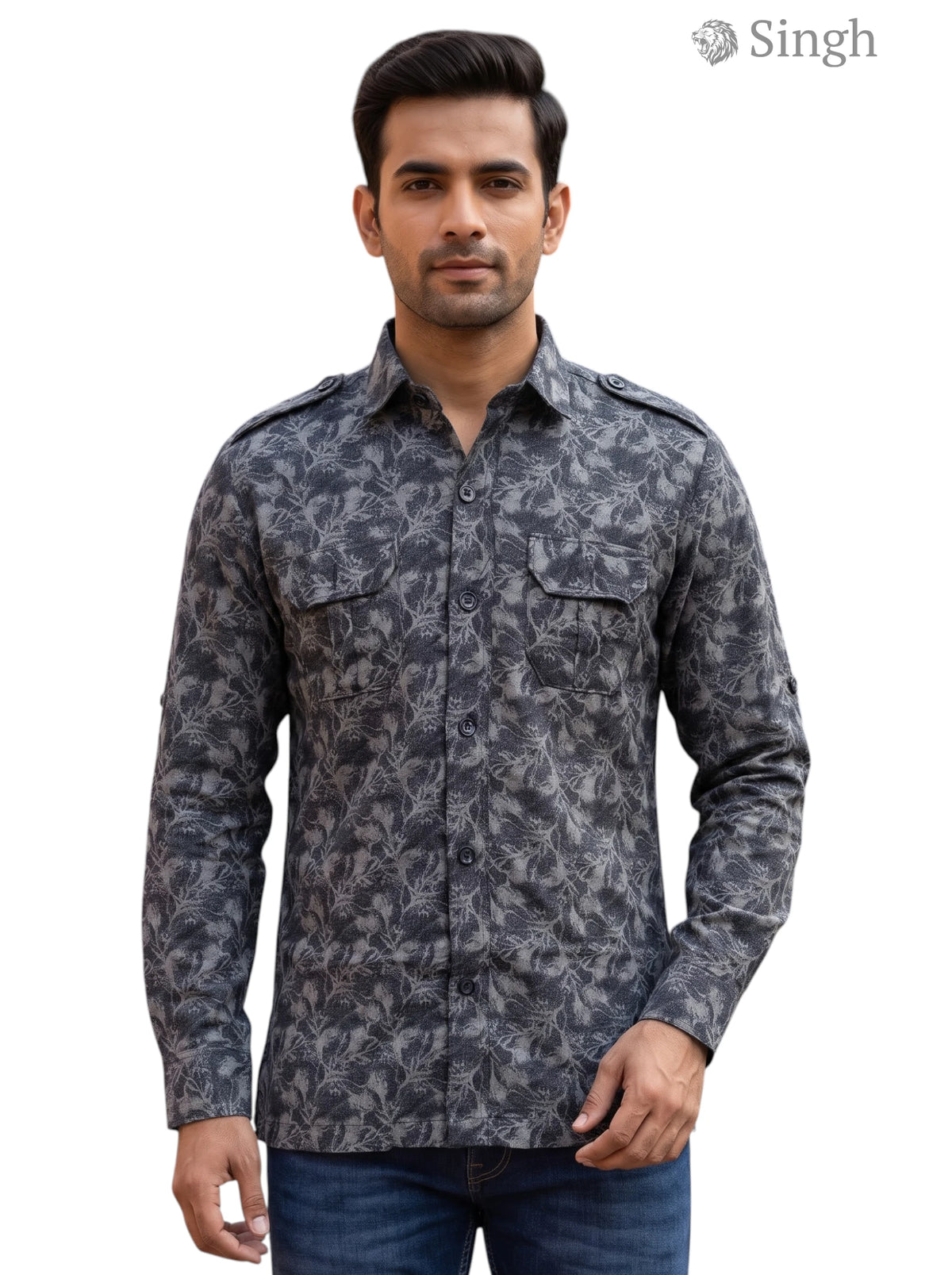 Hunting Shirts-1308-293 in gray with floral fabric from SINGH shown from front angle