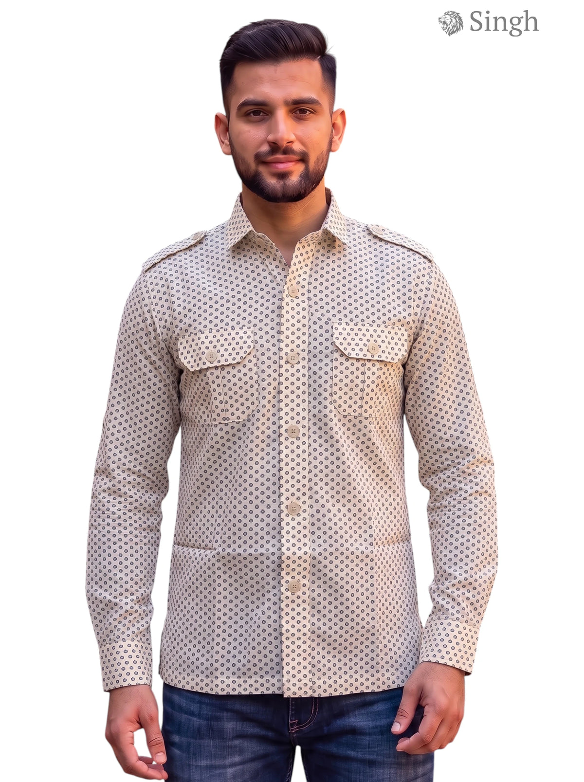 M Tan Cotton Hunting Shirts-1308-294 with Military Style, Front Pockets and Button Closure