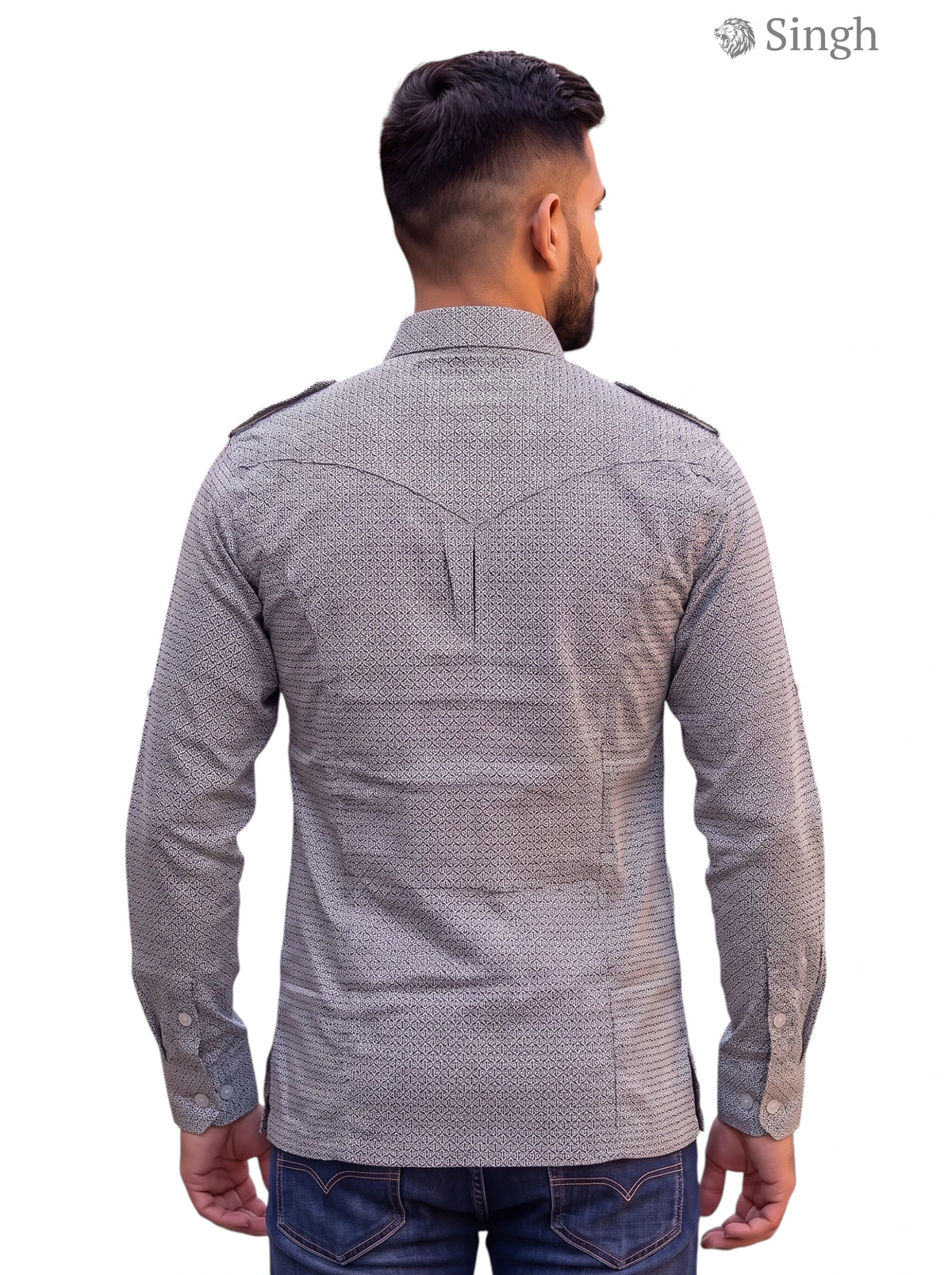 M Hunting Shirts in gray cotton fabric from the back showing detailed stitching - HUNTING SHIRTS-1308-295