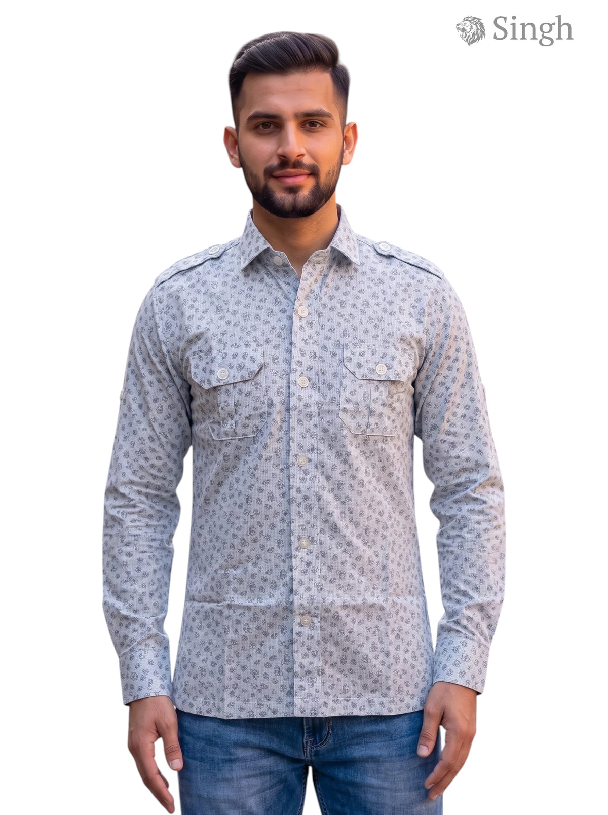 M Hunting Shirts in grey with a patterned fabric, front view showing button-down collar and pockets, HUNTING SHIRTS-1308-296