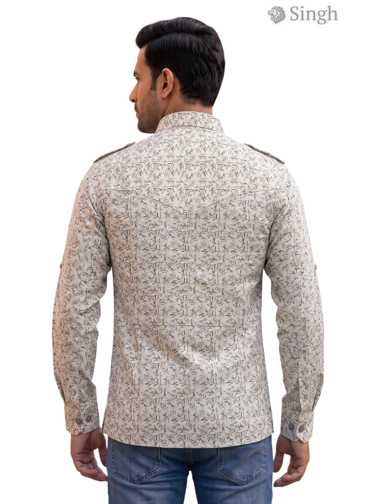 M Hunting Shirt in Beige Fabric, Back View, Style HUNTING SHIRTS-1308-297 by SINGH