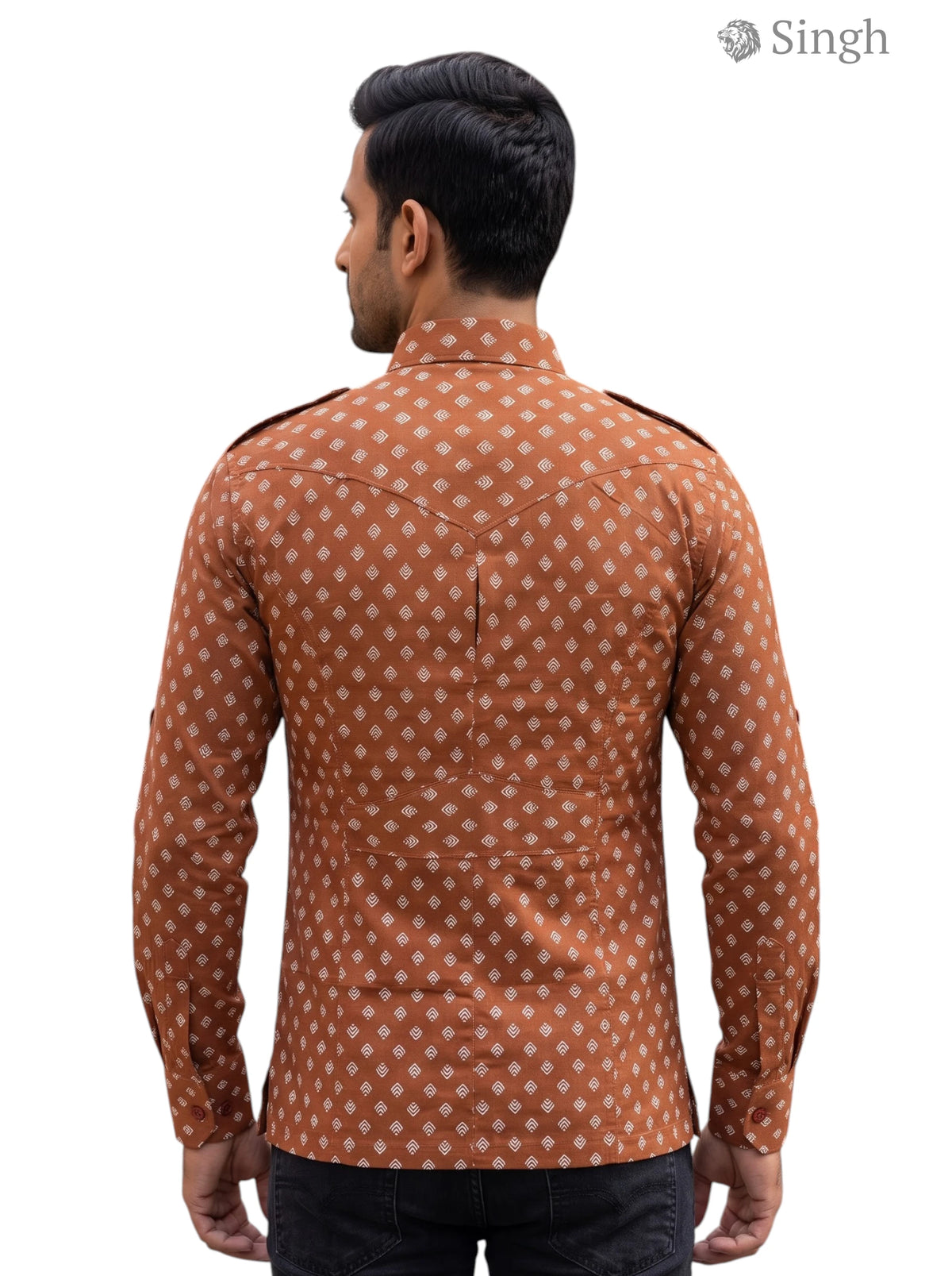 M Hunting Shirts in brown with patterned fabric, back view showcasing stylish design, HUNTING SHIRTS-1308-298