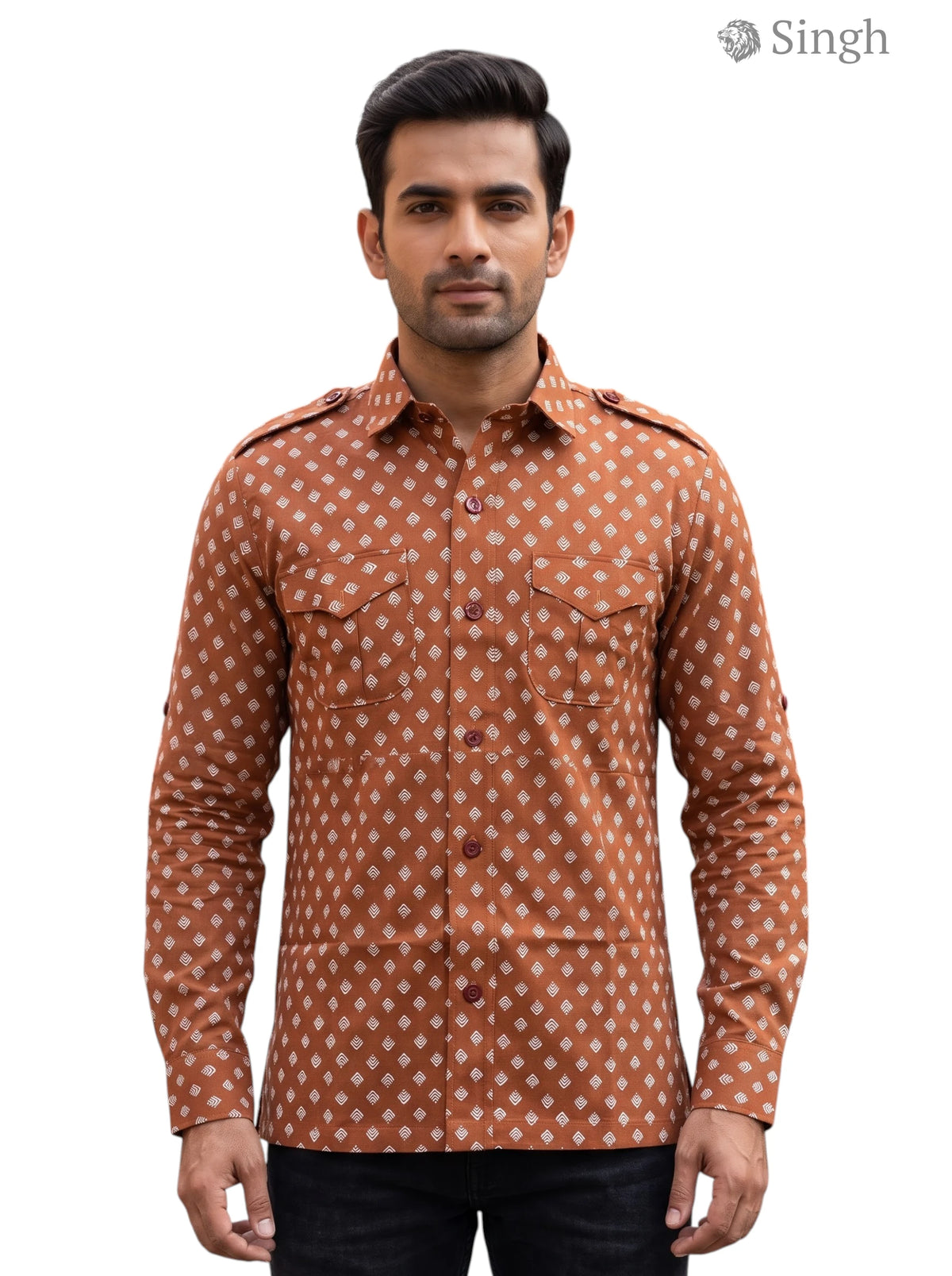 M Hunting Shirts in brown printed fabric, front view showcasing stylish design, HUNTING SHIRTS-1308-298