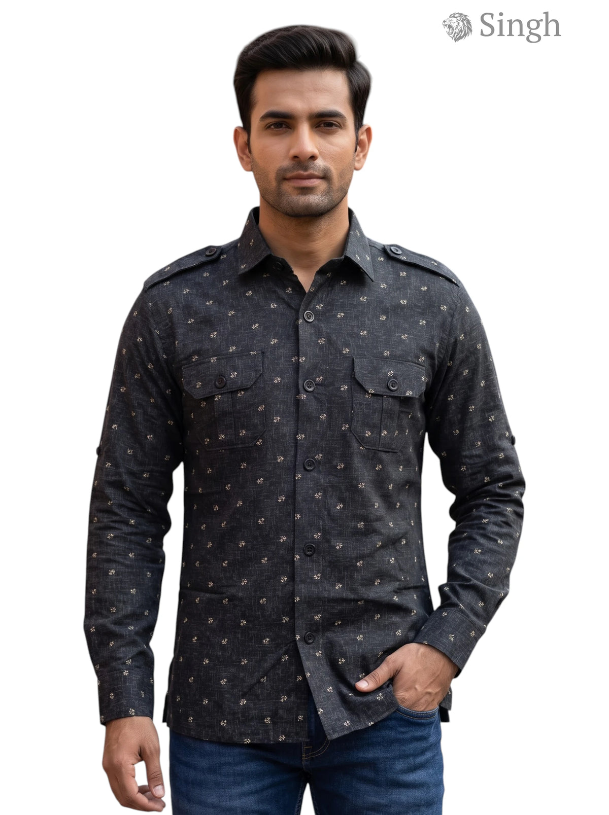 M Hunting Shirts in black fabric with stylish pattern from Singh, featuring button-up closure and pockets