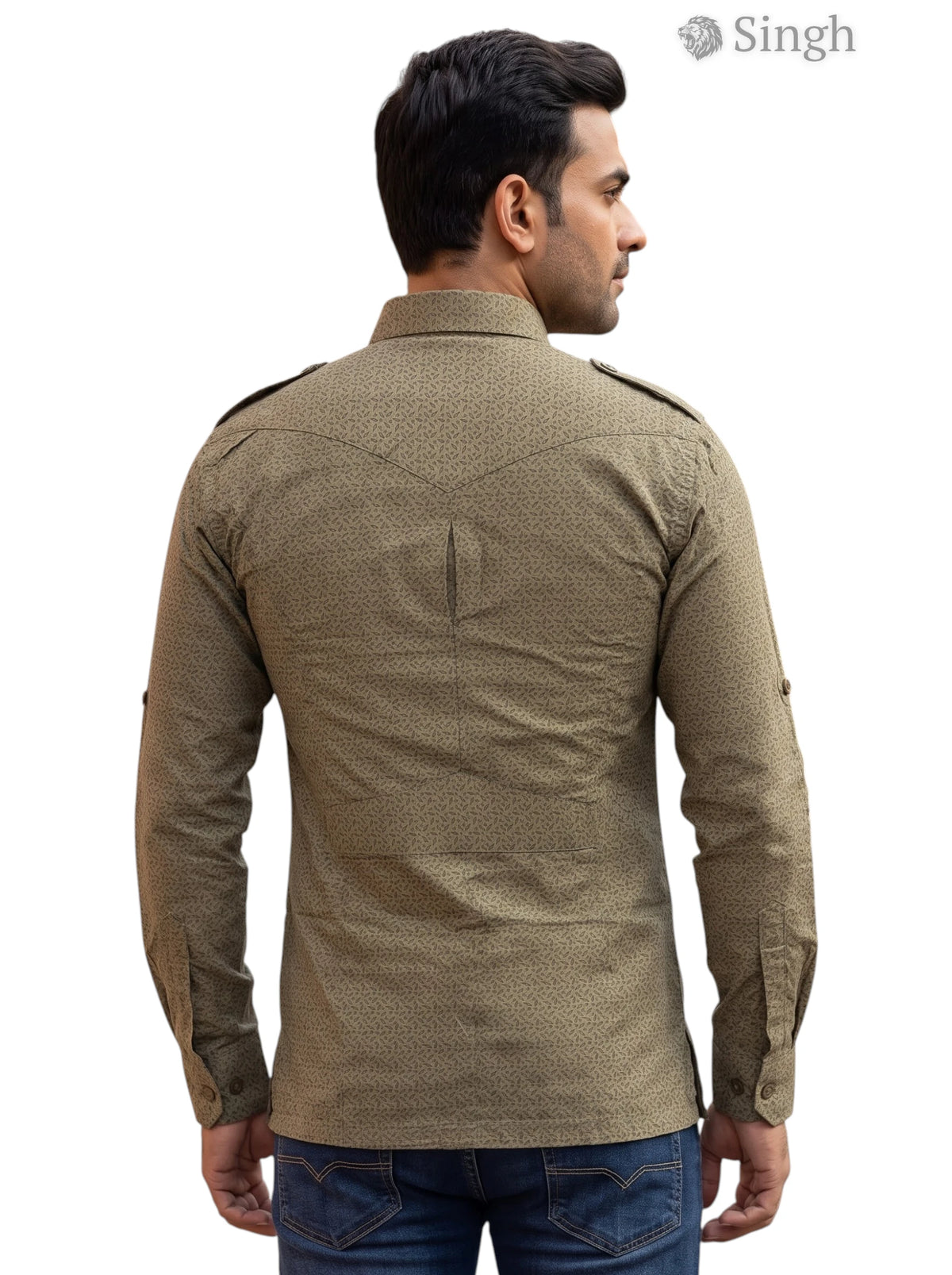 M Hunting Shirt in Olive Green Cotton from the back featuring a stylish design HUNTING SHIRTS-1308-300