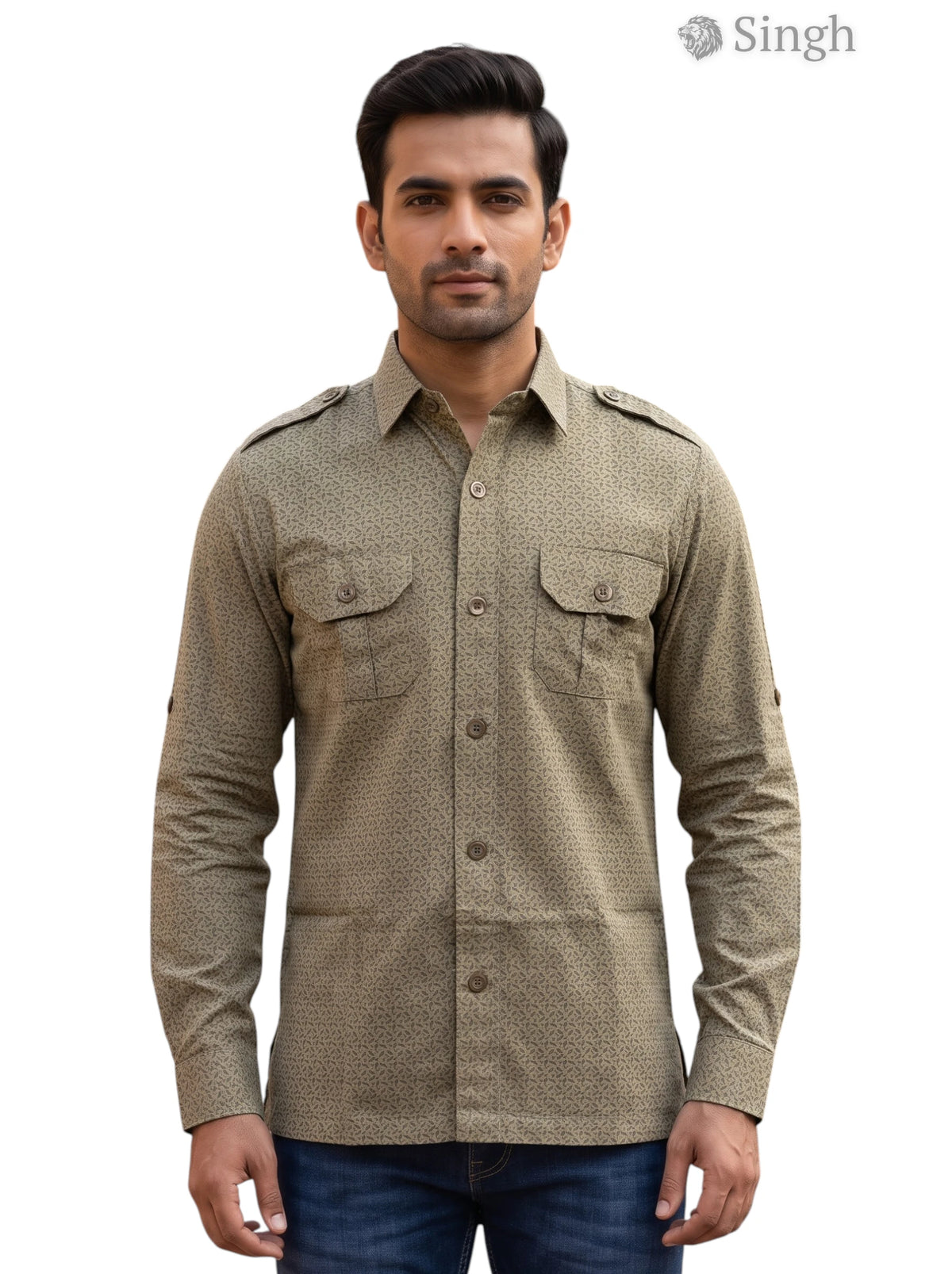 M Hunting Shirts in Olive Green Cotton Fabric Front View featuring Button Pockets HUNTING SHIRTS-1308-300