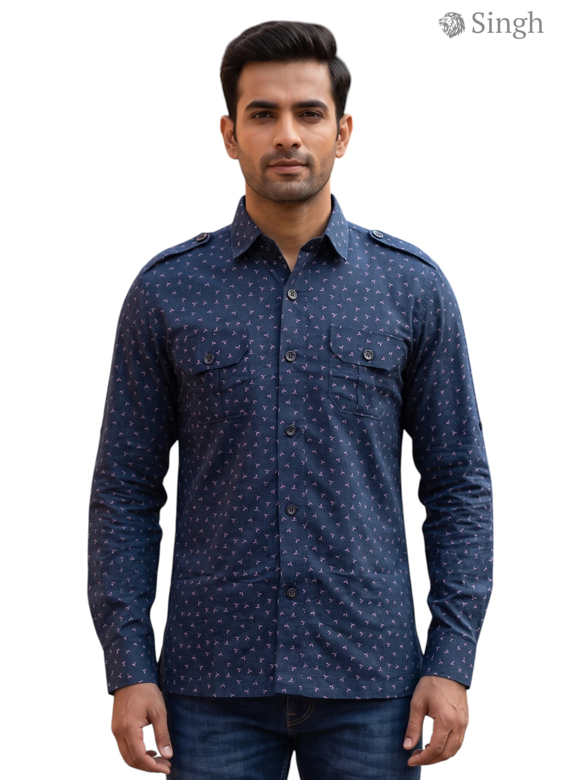 M Navy Blue Cotton Hunting Shirts-1308-301 Front View with Button Details