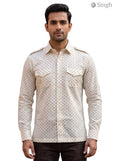 M Hunting Shirts in beige cotton with patterned detail, front view, featuring buttoned pockets - HUNTING SHIRTS-1308-302