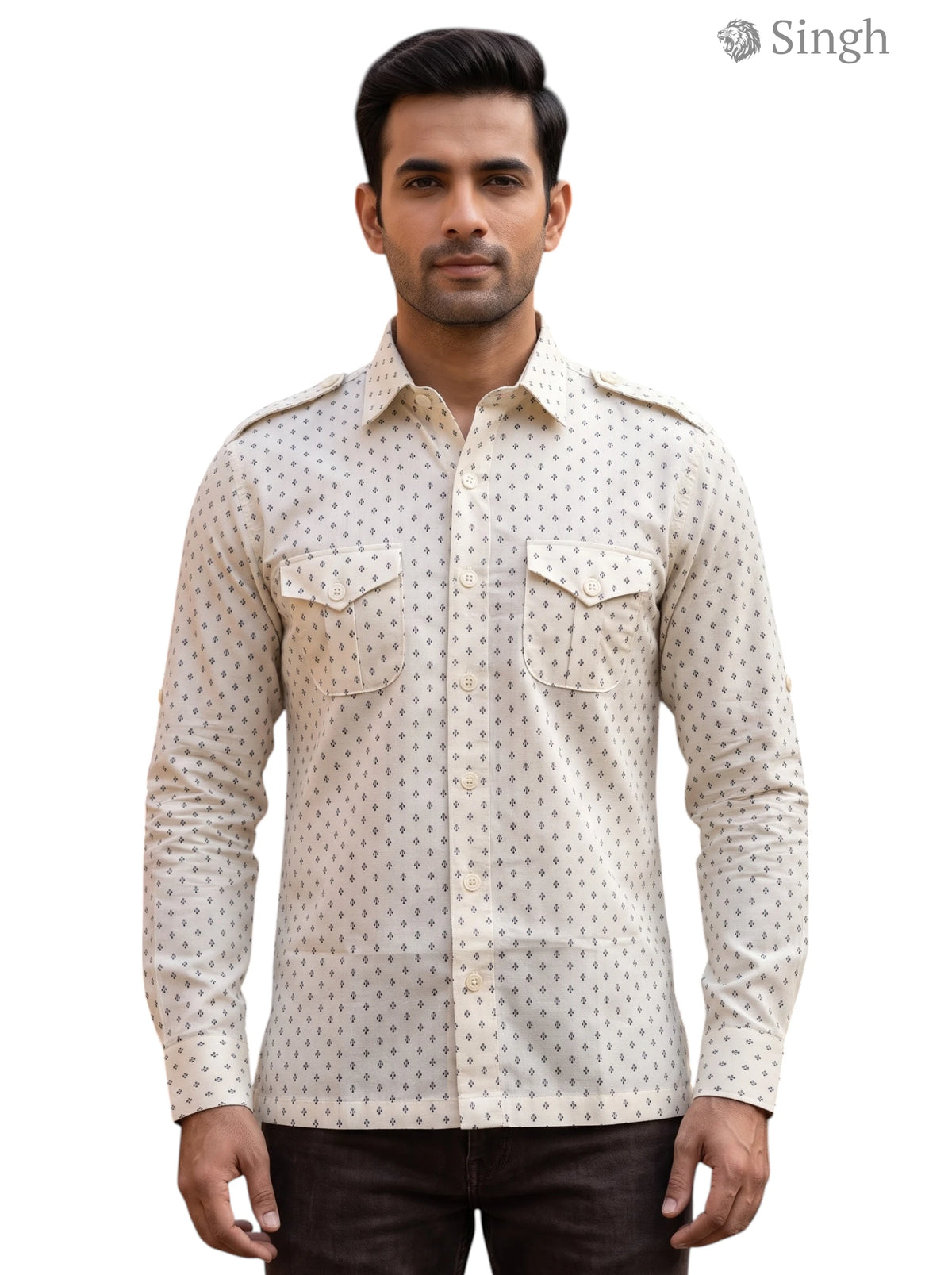 M Hunting Shirts in beige cotton with patterned detail, front view, featuring buttoned pockets - HUNTING SHIRTS-1308-302