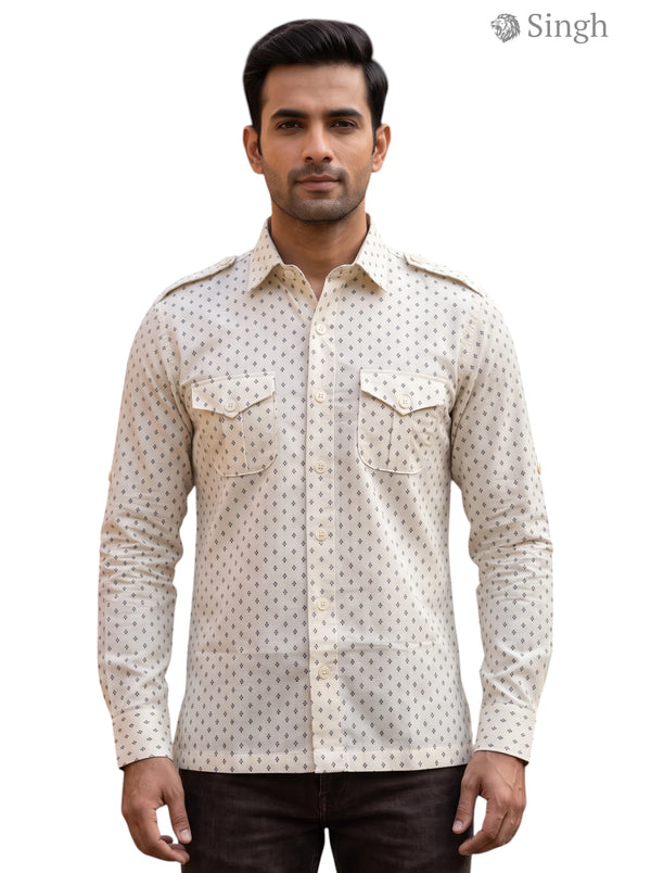 M Hunting Shirts in beige cotton with patterned detail, front view, featuring buttoned pockets - HUNTING SHIRTS-1308-302