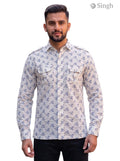 M Hunting Shirts in cream cotton with floral print, front view featuring dual chest pockets, HUNTING SHIRTS-1308-304