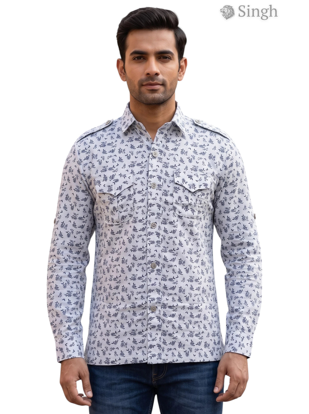 M Hunting Shirts in light blue floral fabric, front view showcasing stylish design - HUNTING SHIRTS-1308-305