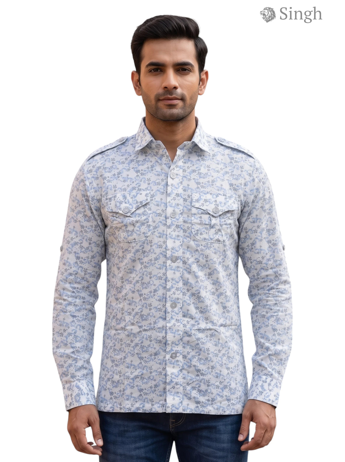 M Hunting Shirts in Blue Floral Print Cotton, Front View - HUNTING SHIRTS-1308-307