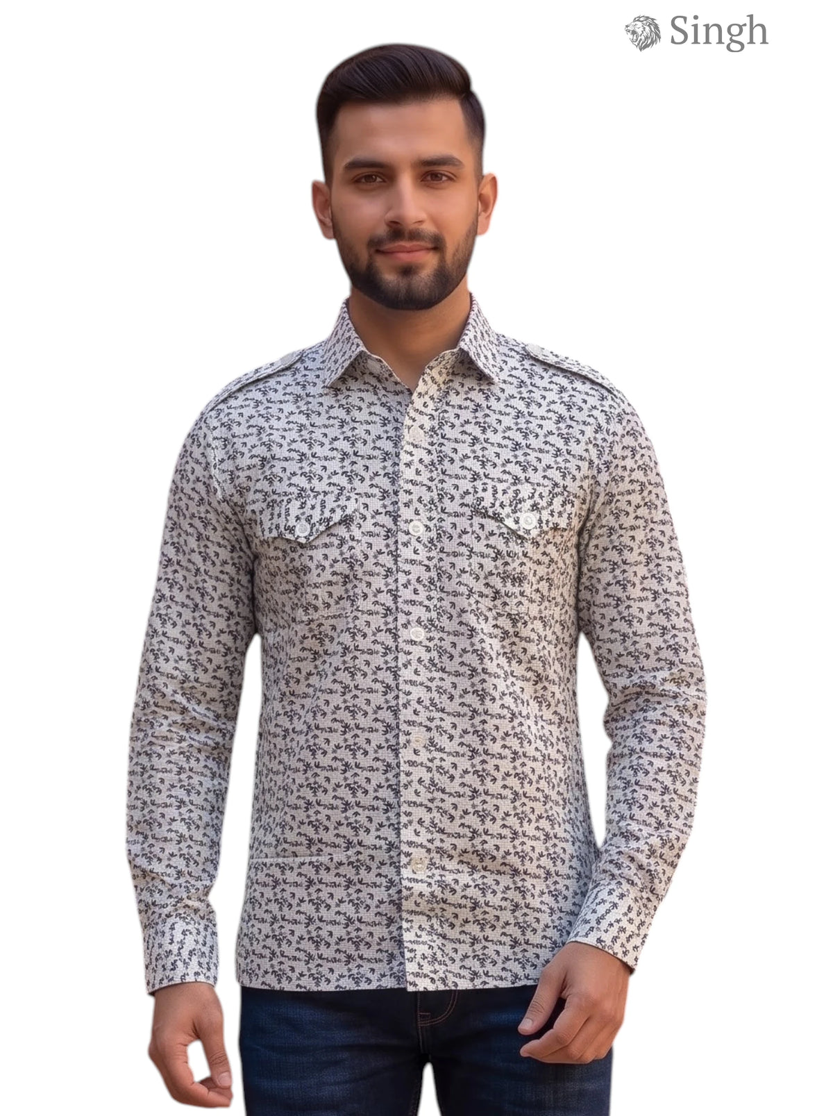 M Hunting Shirts in beige camouflage fabric, front view, featuring dual chest pockets - HUNTING SHIRTS-1308-308