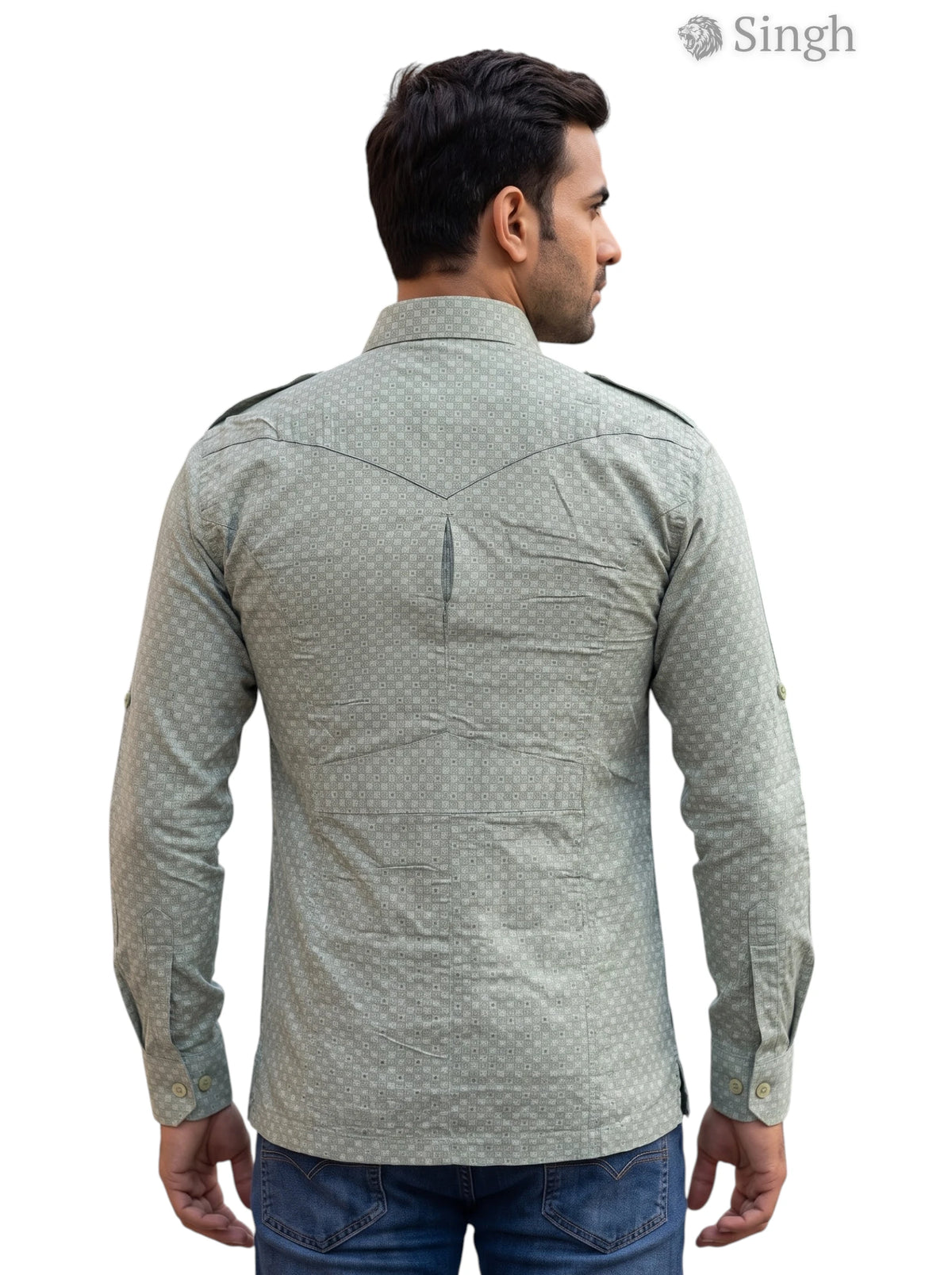 M Hunting Shirt in green with a dotted fabric, shown from the back. HUNTING SHIRTS-1308-309
