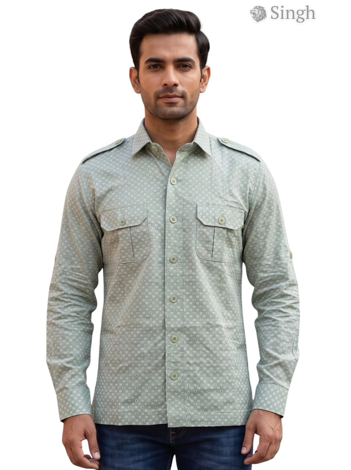 M Hunting Shirts in green cotton fabric, featuring a front view with pockets, HUNTING SHIRTS-1308-309