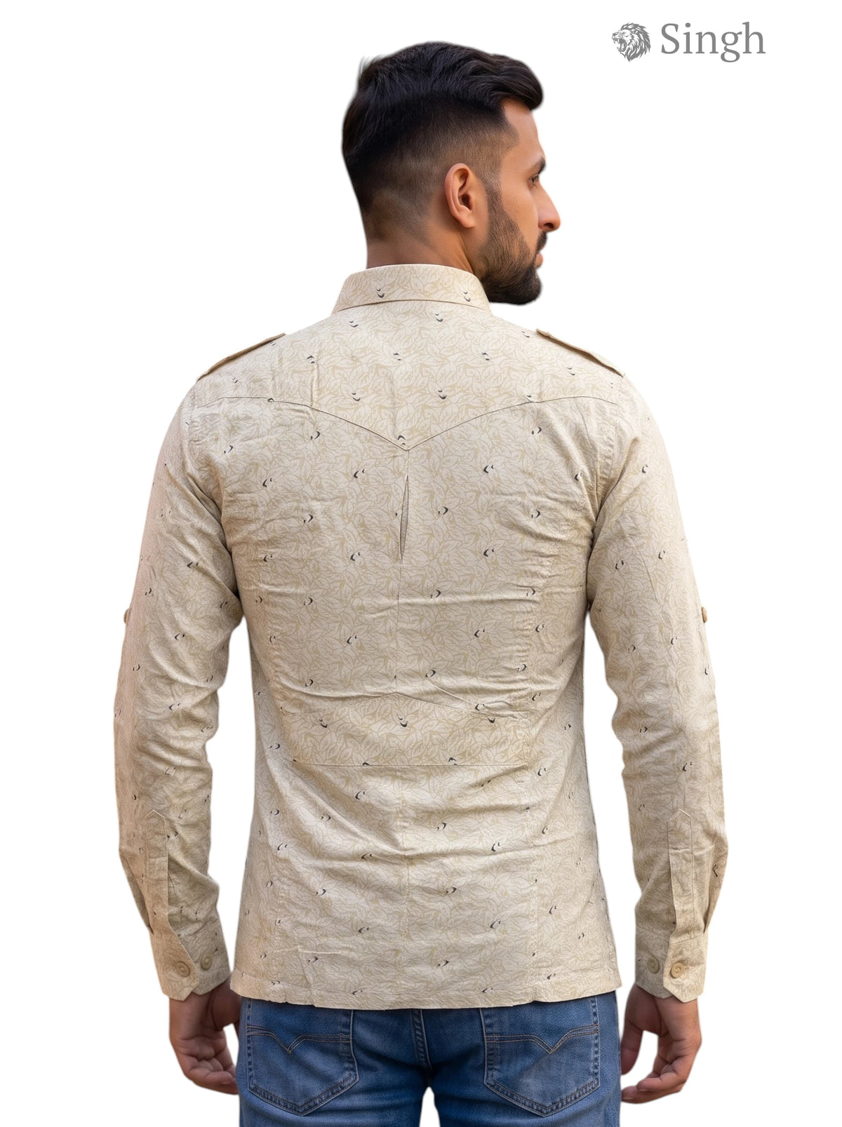 M Beige Cotton Hunting Shirt-1308-31 with a stylish back design for outdoor activities