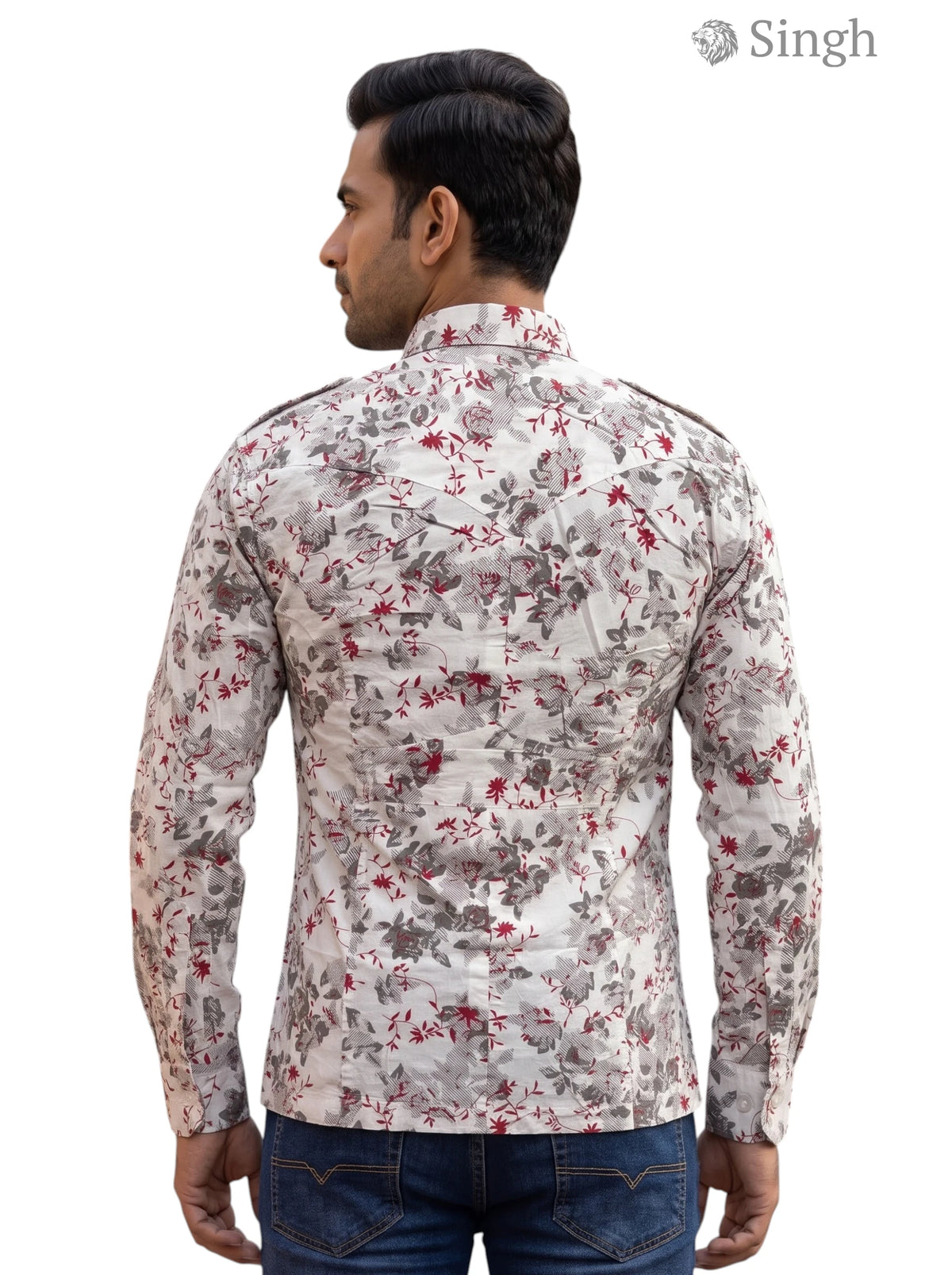 M Hunting Shirt in white floral print fabric viewed from the back HUNTING SHIRTS-1308-310